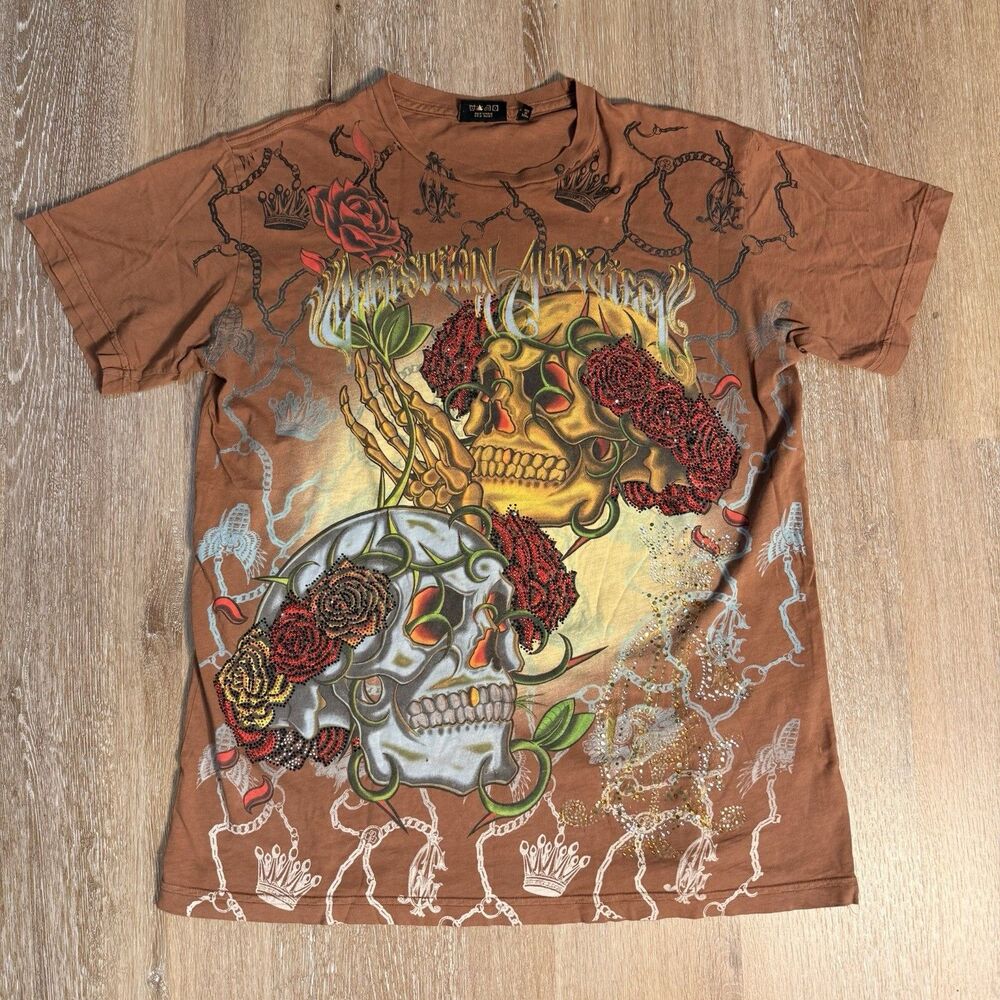 Christian Audigier Los Angeles T-Shirt Men's Size L Brown Graphic Skull Floral